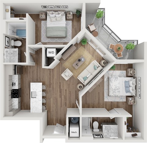 Floor plan for 2 beds, 2 baths, 1000 sqft